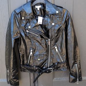 Black faux leather shiny coat biker jacket